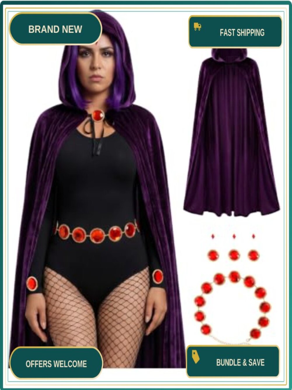 Velvet Hooded Cape Cloak Waist Belt Halloween Cosplay Costume